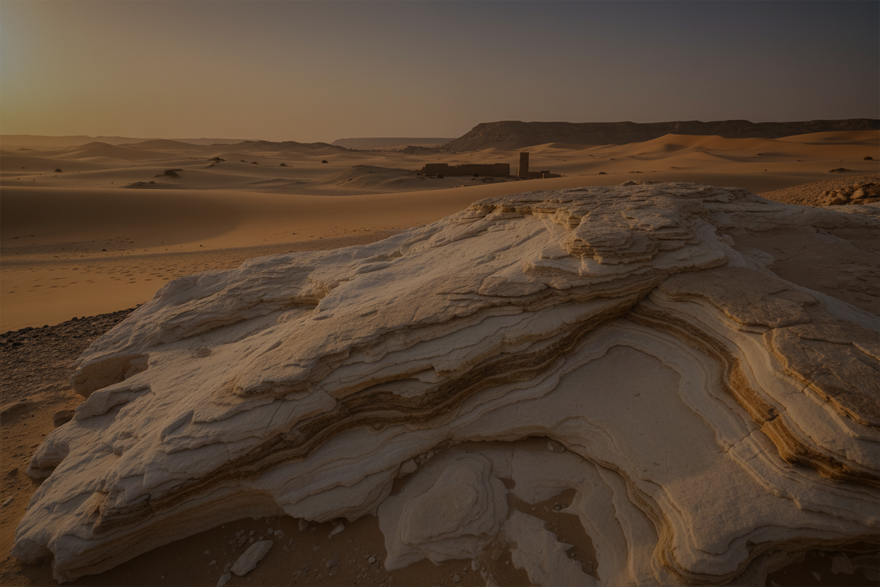 Desert landscape with sandstone formations and a sunset.